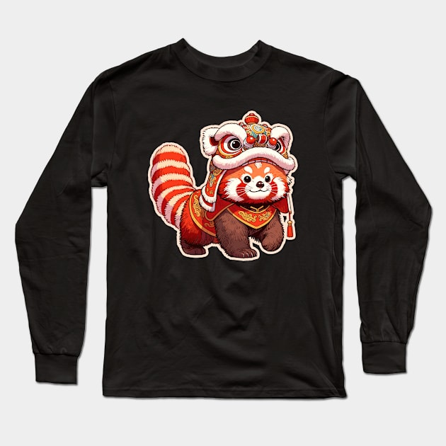 Red Panda Lion Dance for Chinese New Year 2024 Long Sleeve T-Shirt by Half Sugar Boba